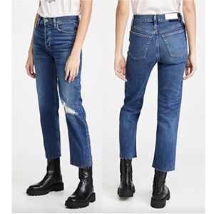RE/DONE 70S Stove Pipe Distressed Raw Hem Button Fly Jeans Size 26